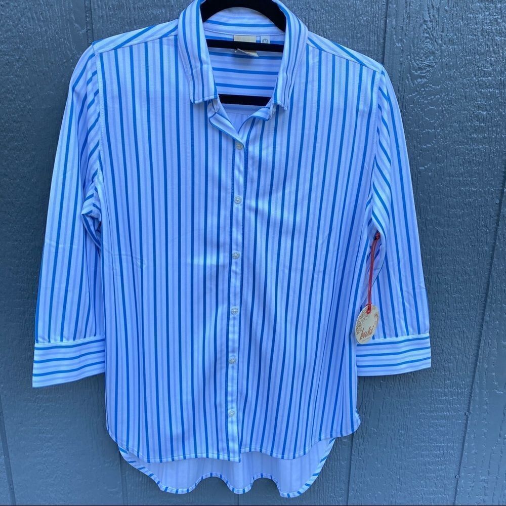 Buki Button Down Striped 3/4 Sleeve Blouse M NWT